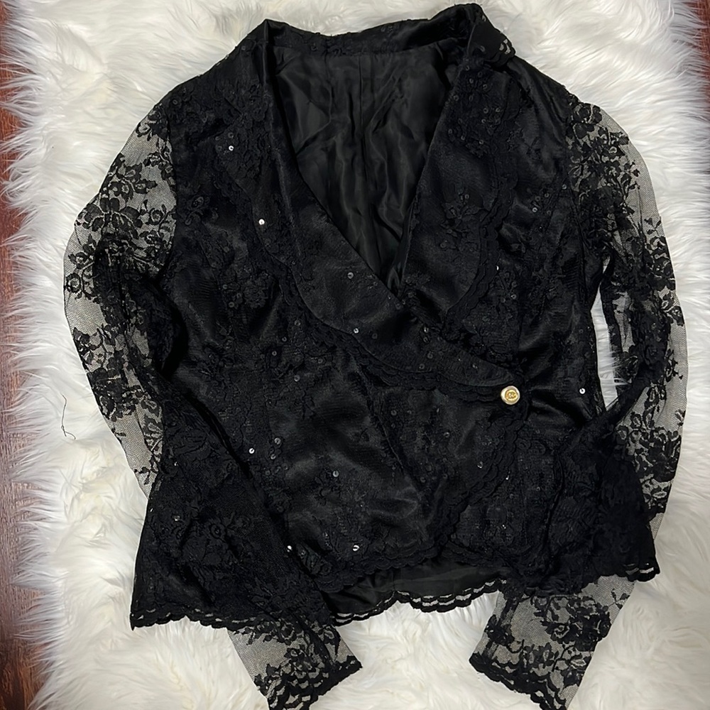 Black lace sequin embroidered long sleeve see thru 🖤
